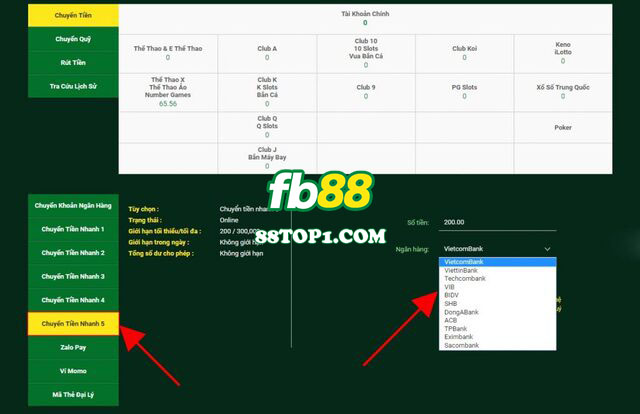 Nếu bạn lựa chọn cách gửi tiền FB88 qua 1ClickPay vậy thì hãy nhận chọn mục Chuyển tiền nhanh 5