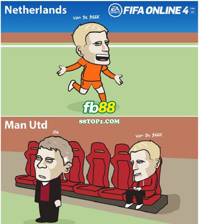 Ảnh chế tình cảnh trái ngược của Van De Beek ở tuyển Hà Lan và Man Utd